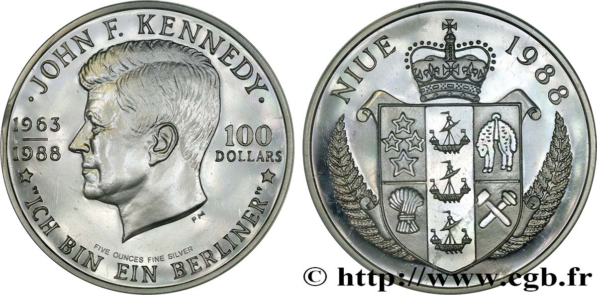NIUÉ 100 Dollars Proof 25e anniversaire de la visite de John F. Kennedy à Berlin 1988 Pobjoy Mint FDC 