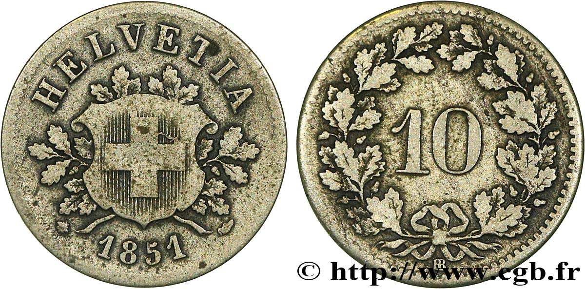 SWITZERLAND 10 Centimes (Rappen) 1851 Strasbourg  VF 