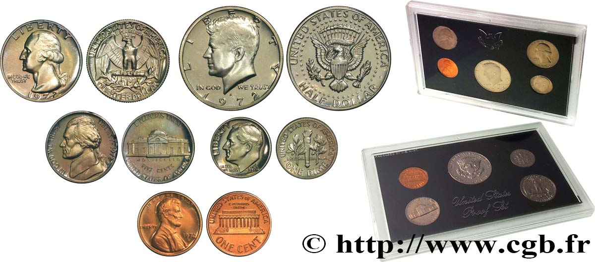 ESTADOS UNIDOS DE AMÉRICA Série Proof Set 1 & 5 Cents, 1 Dime, Quarter Dollar & Half Dollar 1972 S- San Francisco Prueba 