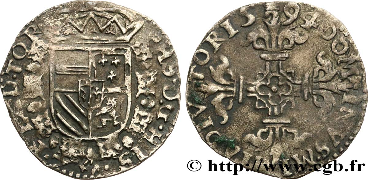 PAYS-BAS ESPAGNOLS - TOURNAI - PHILIPPE II D ESPAGNE 1/20 Écu 1594 Tournai TTB 