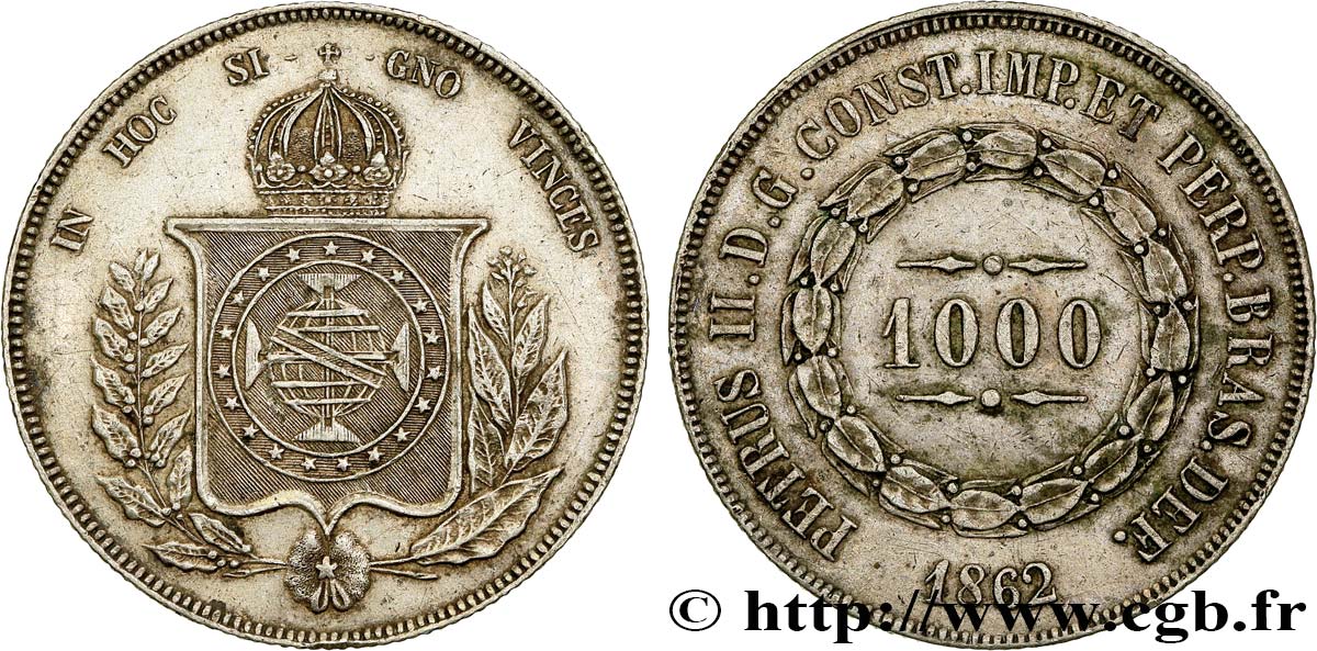 BRÉSIL 1000 Reis Empereur Pierre II 1862  TTB+ 