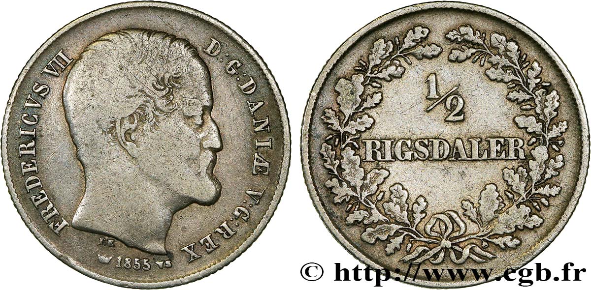 DANEMARK 1/2 Rigsdaler Frédéric VII 1855 Copenhague TB 