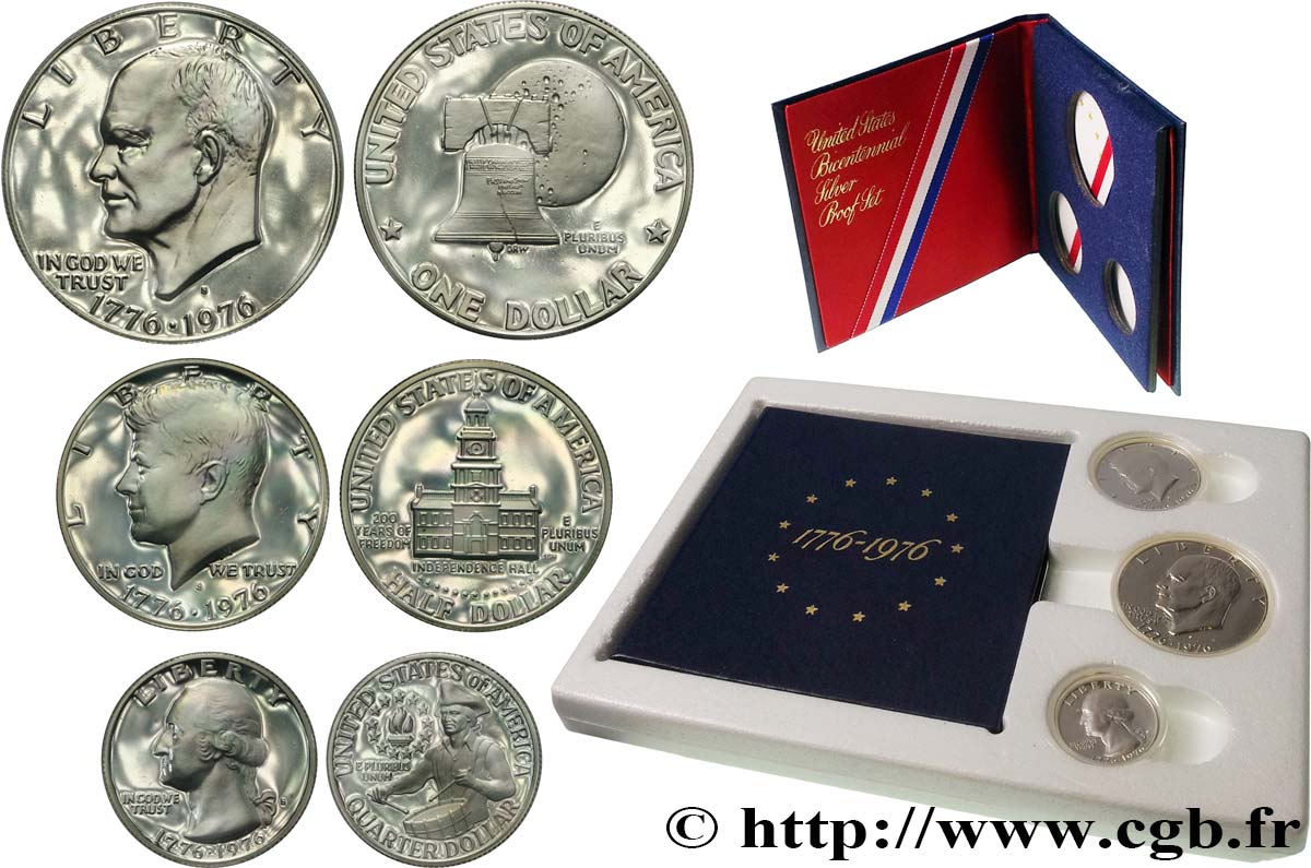 ESTADOS UNIDOS DE AMÉRICA Série proof  3 monnaies - Bicentenaire de la Déclaration de l’indépendance 1976 San Francisco Prueba 