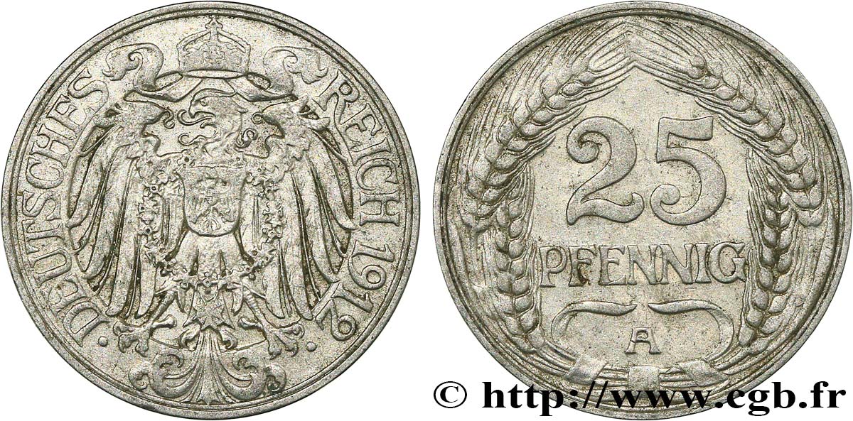 ALLEMAGNE 25 Pfennig Empire aigle impérial 1912 Berlin SUP 