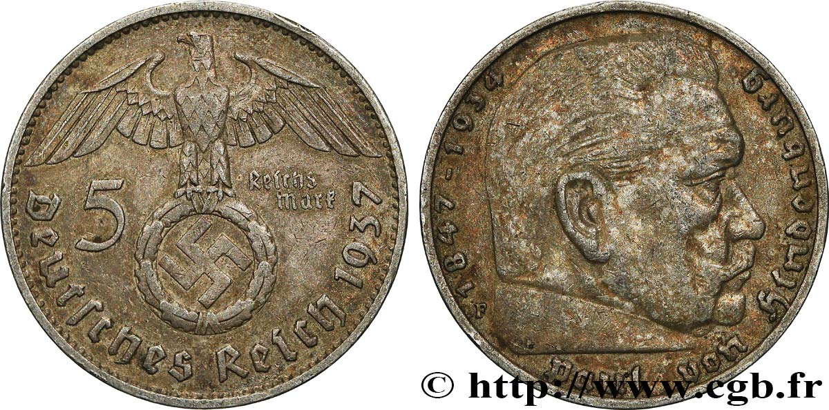 ALLEMAGNE 5 Reichsmark Maréchal Paul von Hindenburg 1937 Stuttgart TTB 