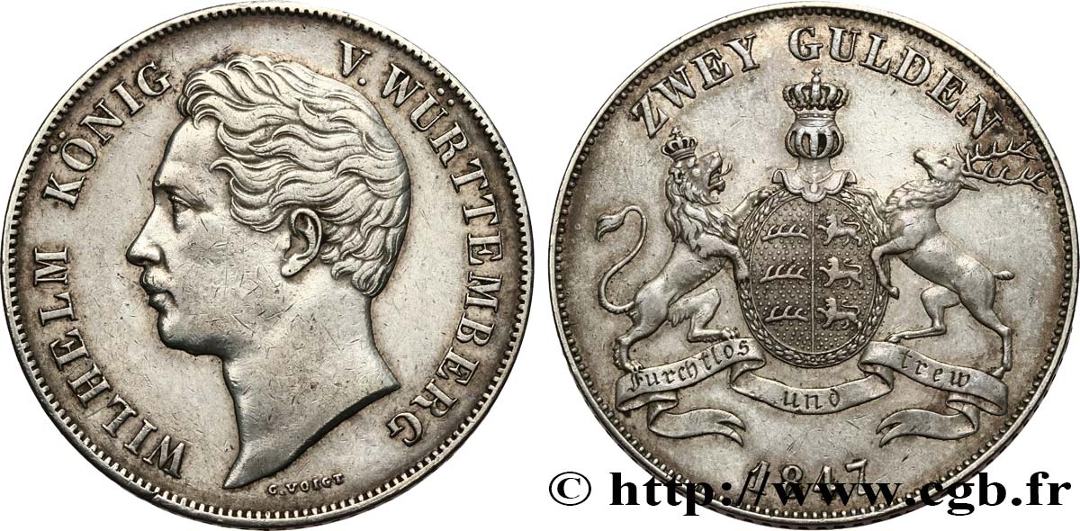 GERMANY - WÜRTTEMBERG 2 Gulden Guillaume Ier 1847 Stuttgart XF 