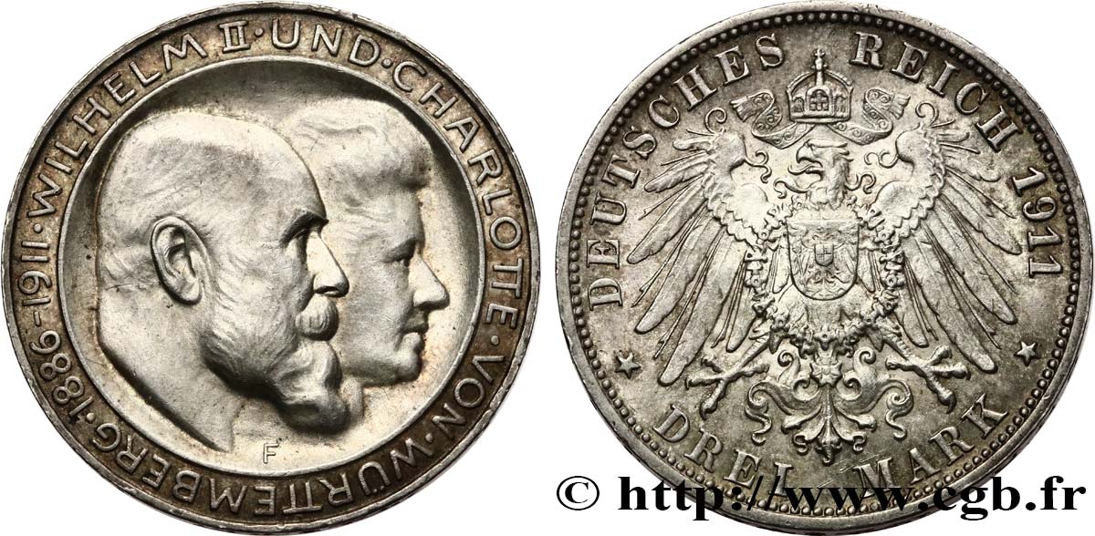 ALLEMAGNE - WURTEMBERG 3 Mark Guillaume II et Charlotte 1911 Stuttgart SUP 