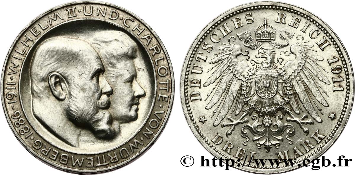 DEUTSCHLAND - WÜRTTEMBERG 3 Mark Guillaume II et Charlotte 1911 Stuttgart VZ 