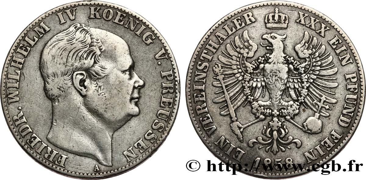 GERMANIA - PRUSSIA 1 Thaler Frédéric-Guillaume IV 1858 Berlin q.BB 
