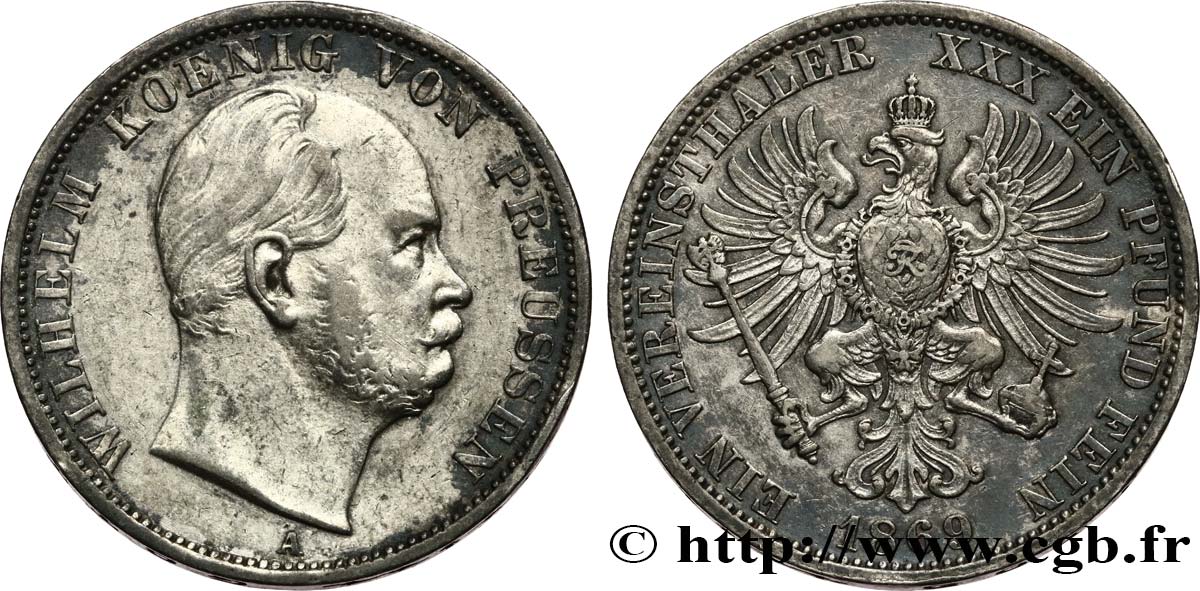 GERMANY - PRUSSIA 1 Thaler Guillaume 1869 Berlin XF 