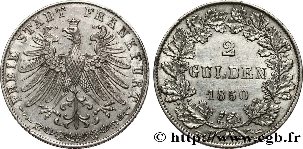 GERMANY - FRANKFURT FREE CITY 2 Gulden 1850 Francfort AU 