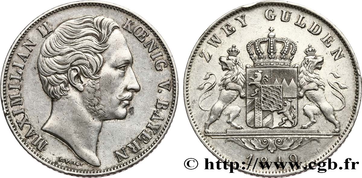 ALLEMAGNE - ROYAUME DE BAVIÈRE - MAXIMILIEN II JOSEPH 2 Gulden 1849  TTB+ 