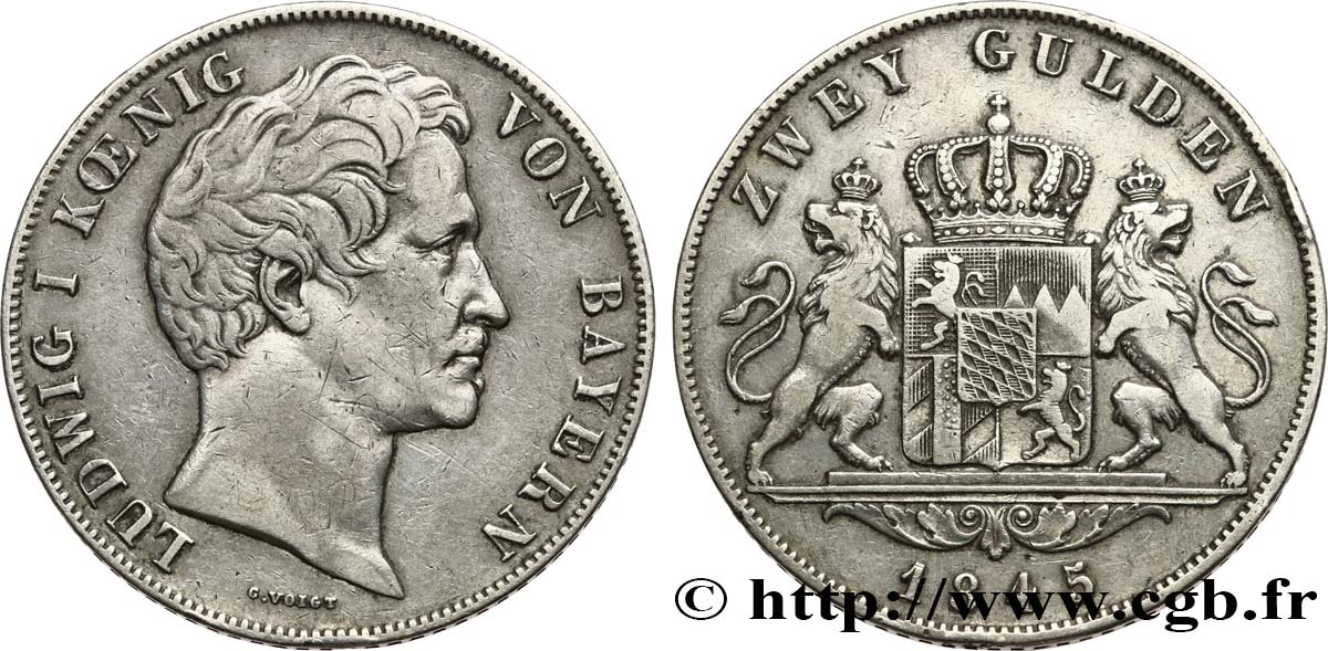 ALLEMAGNE - BAVIÈRE 2 Gulden Louis Ier 1845 Munich TTB 