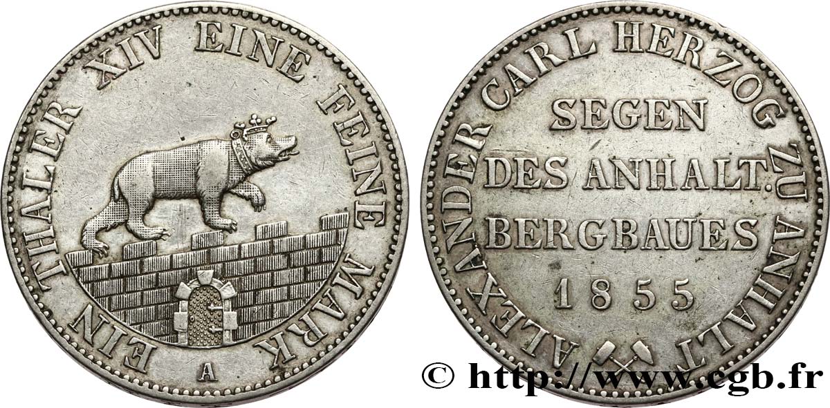 GERMANY - ANHALT Thaler des Mines 1855 Berlin AU 