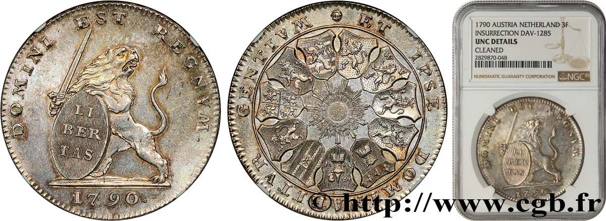 BELGIQUE - ÉTATS UNIS DE BELGIQUE Lion d’argent ou pièce de 3 florins 1790 Bruxelles SC NGC