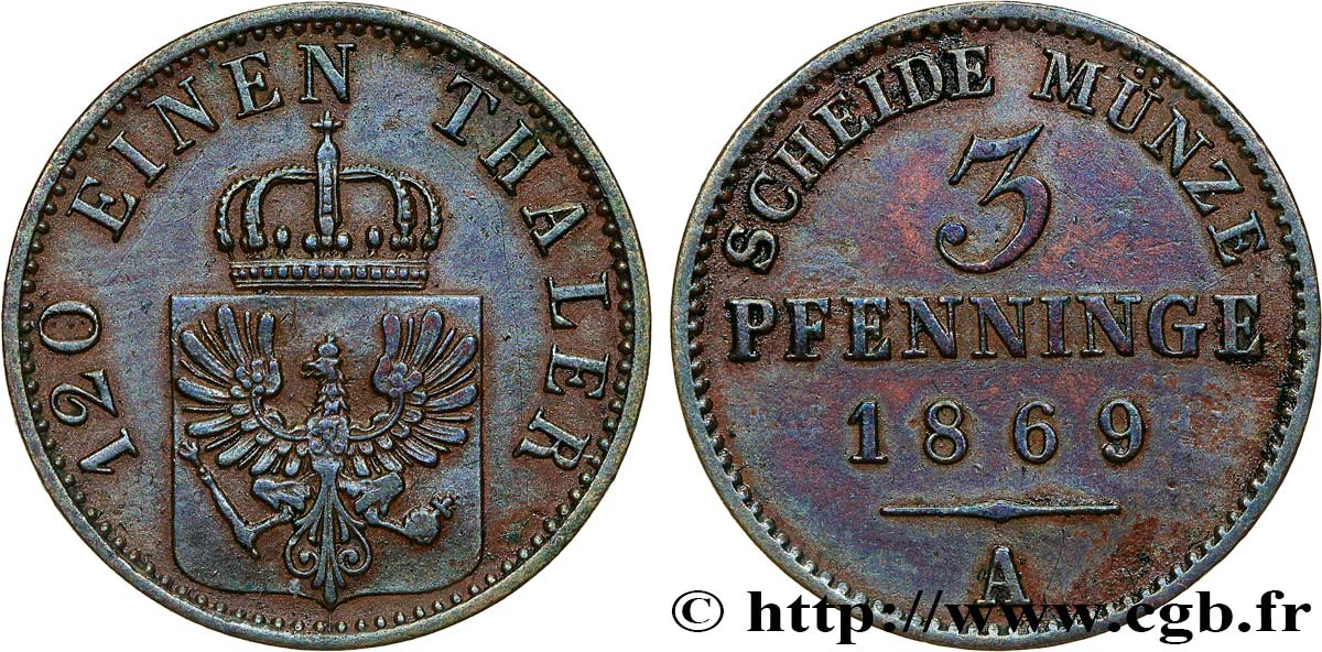 DEUTSCHLAND - PREUßEN 3 Pfenninge 1869 Francfort fVZ 