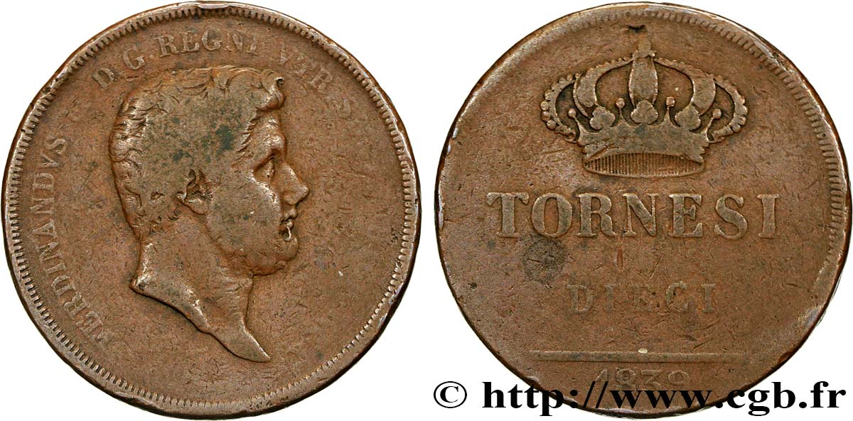 ITALY - KINGDOM OF TWO SICILIES 10 Tornesi Ferdinand II second portrait 1839  VF 