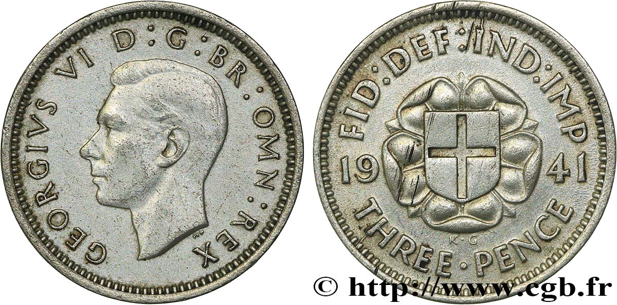 UNITED KINGDOM 3 Pence Georges VI 1941  AU 