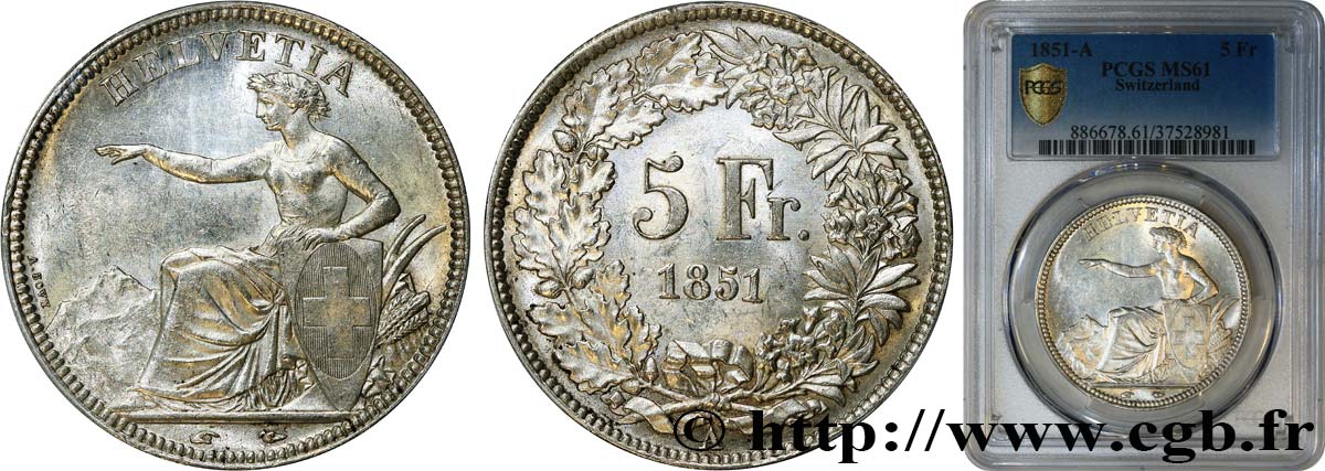 SUISSE - CONFEDERATION 5 Francs Helvetia assise 1851 Paris SUP61 PCGS