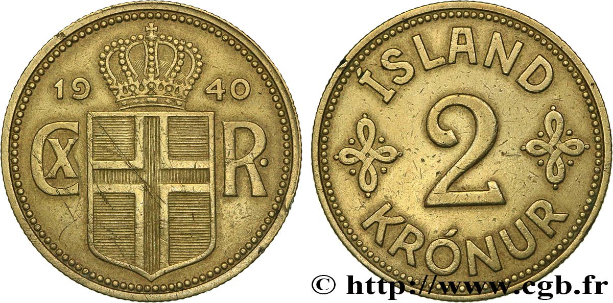 ISLAND 2 Kronur Christian X 1940  SS 