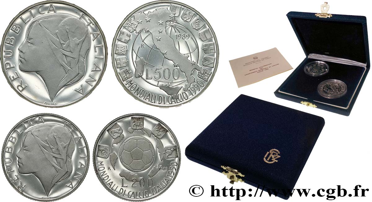 ITALIE Coffret proof 500 Lire BE Coupe du Monde de Football 1990 - 2 monnaies 1989 Rome - R BE 