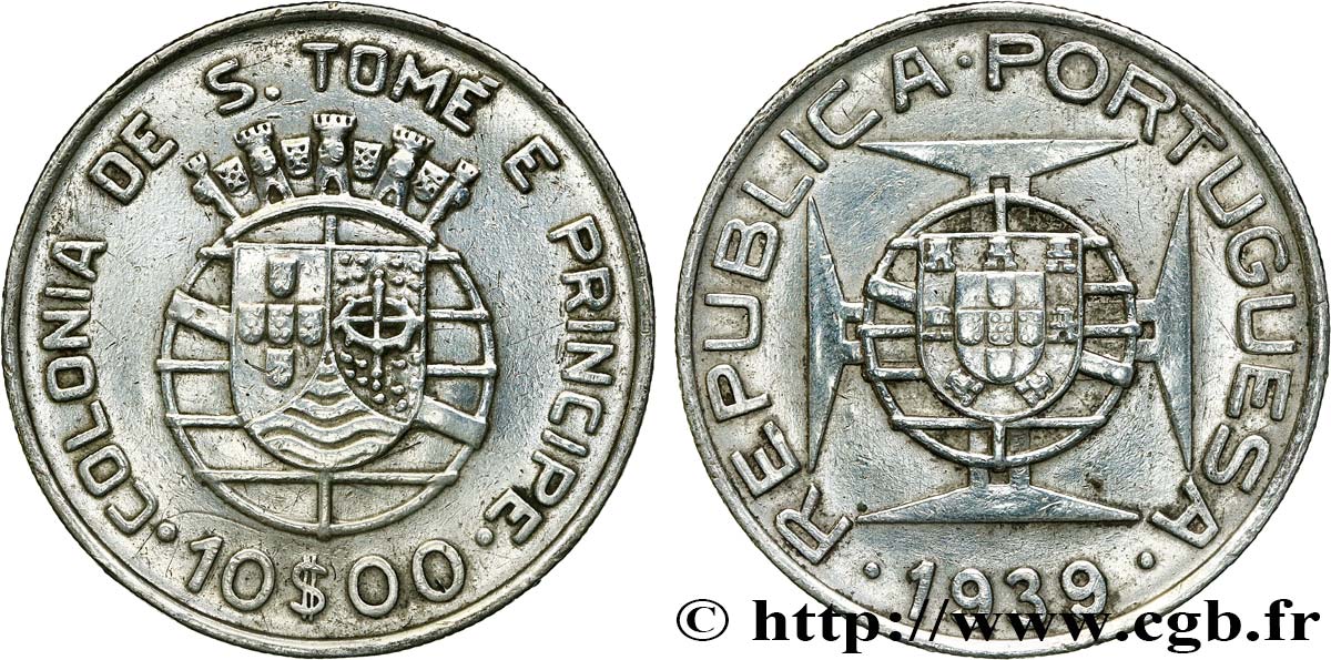 SAINT THOMAS et PRINCE 10 Escudos colonie portugaise 1939  TTB 