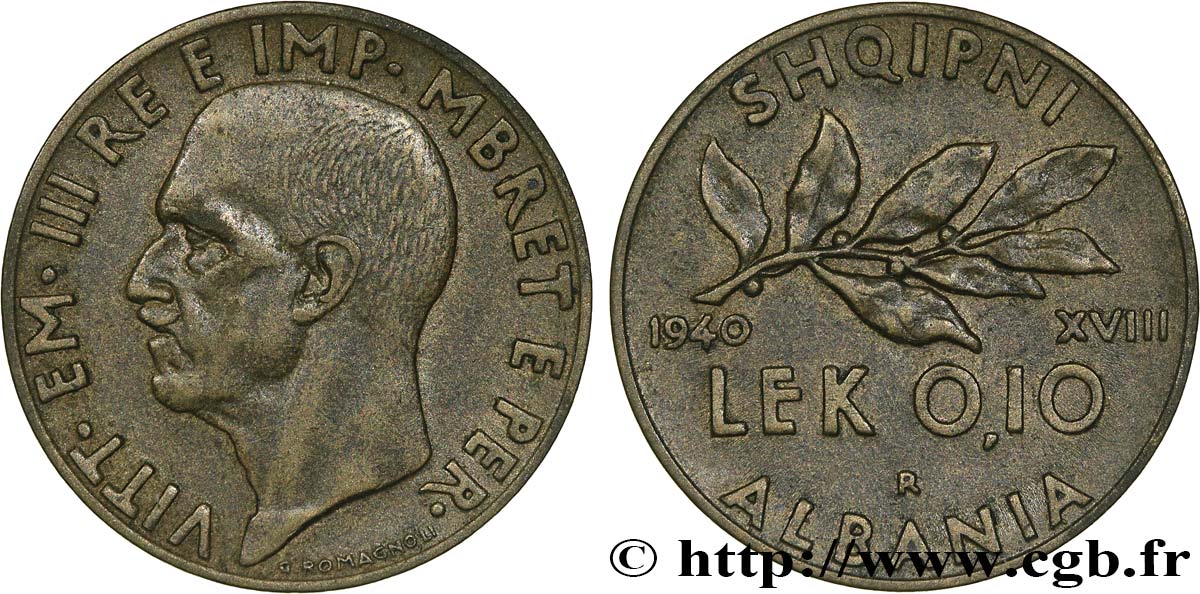 ALBANIE 0,10 Lek Victor-Emmanuel III 1940 Rome SUP/SPL 