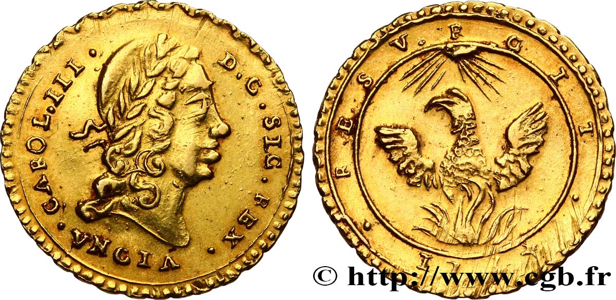 ITALIE - ROYAUME DE SICILE - CHARLES III D ESPAGNE 1 Oncia d’or  1734 Palerme TTB+ 