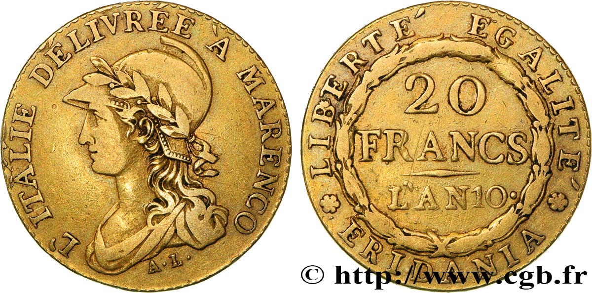 ITALIA - GALLIA SUBALPINA 20 francs or Marengo 1802 Turin MBC 