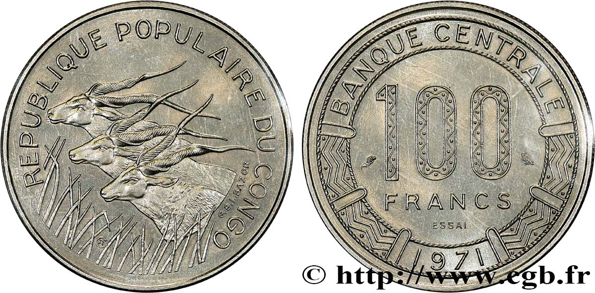 REPúBLICA DEL CONGO Essai de 100 Francs type “Banque Centrale”, antilopes 1971 Paris FDC 