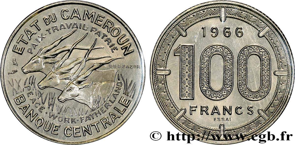 CAMEROUN Essai de 100 Francs Etat du Cameroun, commémoration de l’indépendance, antilopes 1966 Paris FDC 