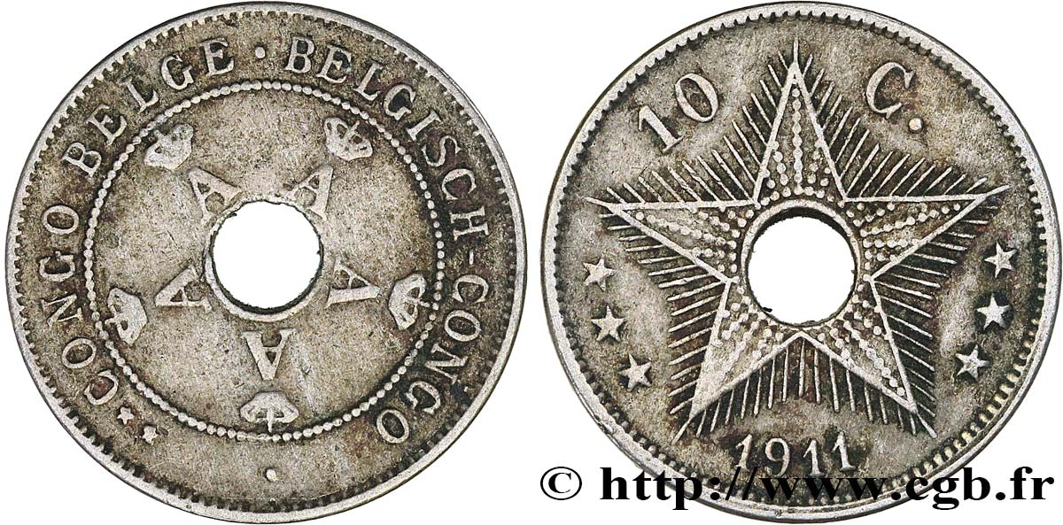 BELGA CONGO 10 Centimes monogramme A (Albert) couronné 1911  MBC 