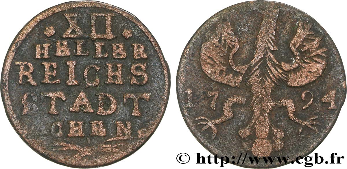 GERMANY - AACHEN 12 (XII) Heller ville de Aachen aigle 1794  VF 