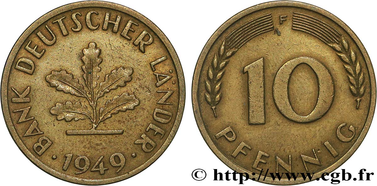 GERMANY 10 Pfennig “Bank deutscher Länder” 1949 Stuttgart - F XF 