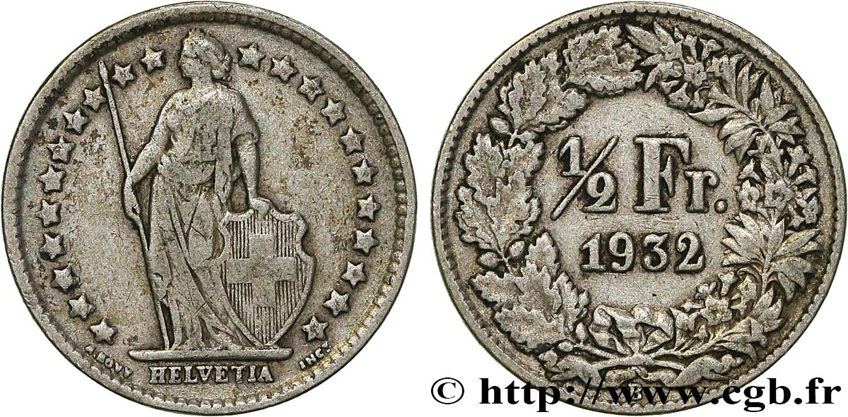SWITZERLAND 1/2 Franc Helvetia 1932 Berne - B VF 