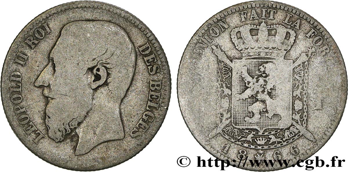 BELGIQUE 2 Francs Léopold II légende française 1866  B+
 