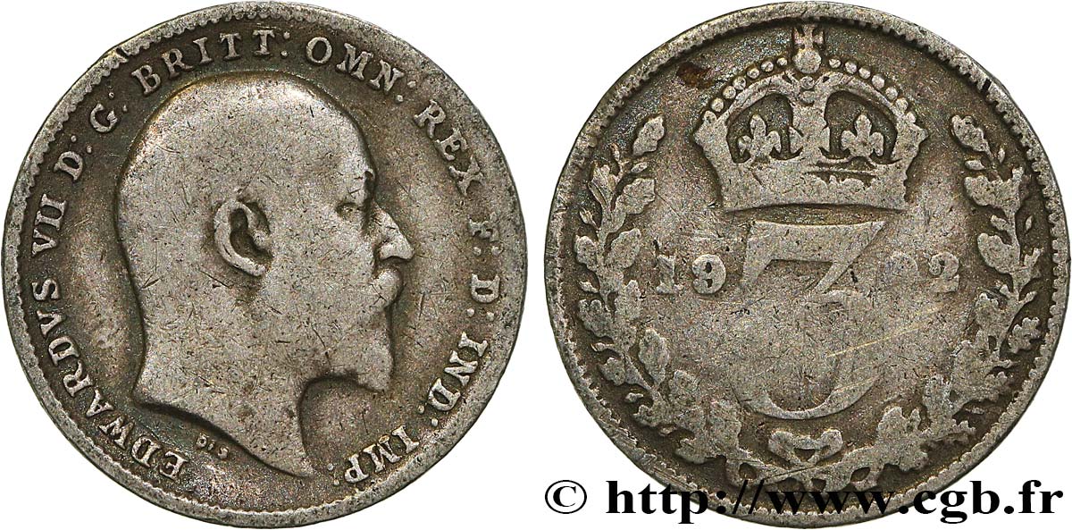 UNITED KINGDOM 3 Pence Edouard VII 1902  VF 