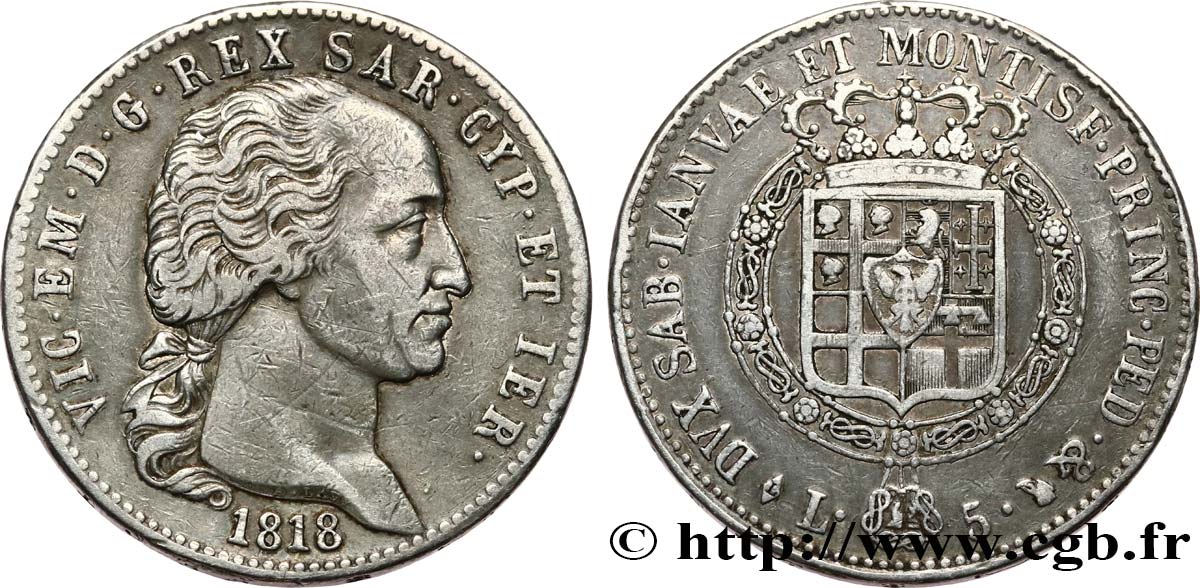 ITALY - KINGDOM OF SARDINIA - VICTOR-EMMANUEL I 5 Lire  1818 Turin XF 