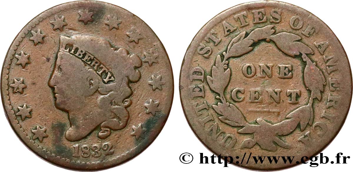 UNITED STATES OF AMERICA 1 Cent Liberté “Braided Hair” lettres moyennes 1832  F 