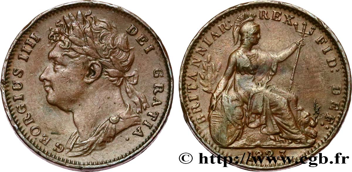 ROYAUME-UNI 1 Farthing Georges IV tête laurée 1823  TTB+ 