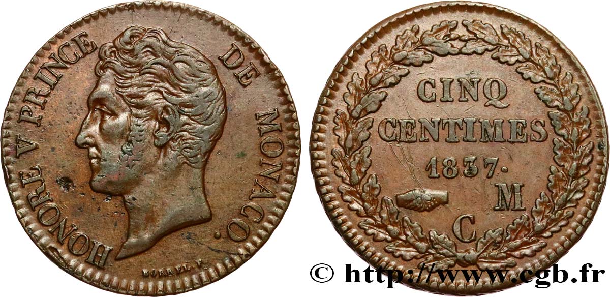 MONACO 5 Centimes Honoré V petite tête en cuivre rouge 1837 Monaco XF/AU 