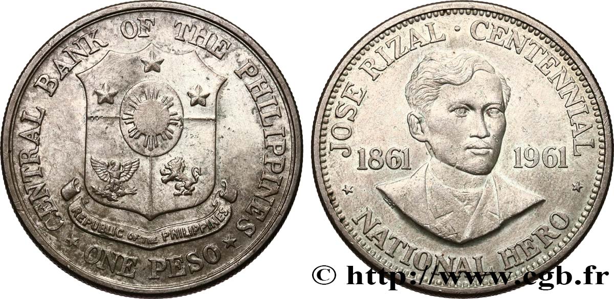 FILIPPINE 1 Peso centenaire de la naissance de José Rizal 1961  SPL 
