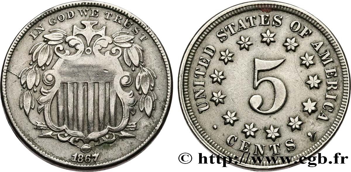 UNITED STATES OF AMERICA 5 Cents bouclier variété sans rayons entre les étoiles 1867 Philadelphie VF 
