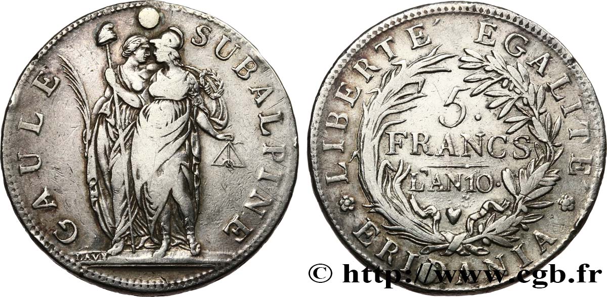 ITALIE - GAULE SUBALPINE 5 Francs an 10 1802 Turin TB 