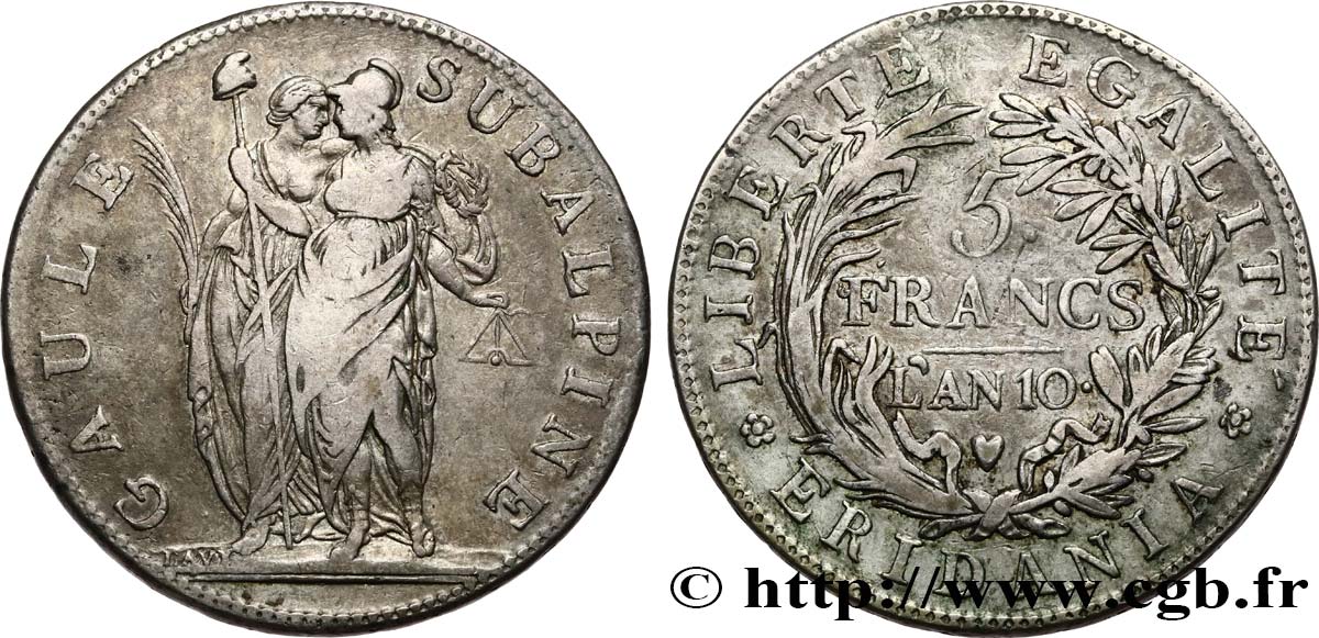 ITALIA - GALLIA SUBALPINA 5 Francs an 10 1802 Turin MBC 