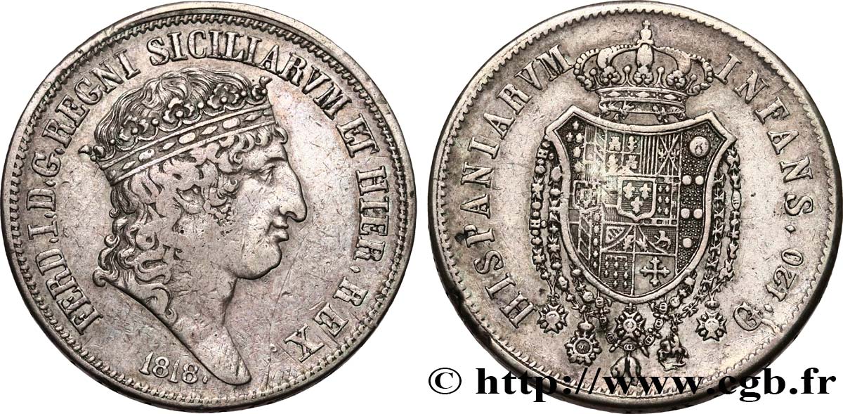 ITALY - KINGDOM OF THE TWO SICILIES - FERDINAND I 120 Grana 1818 Naples XF 