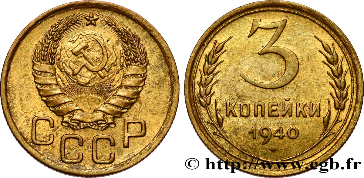 RUSSIE - URSS 3 Kopecks 1940  TTB+ 