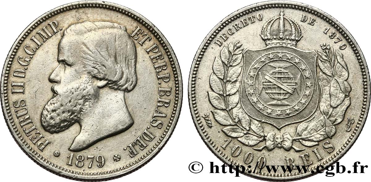 BRÉSIL 1000 Reis Pierre II 1879  TTB 