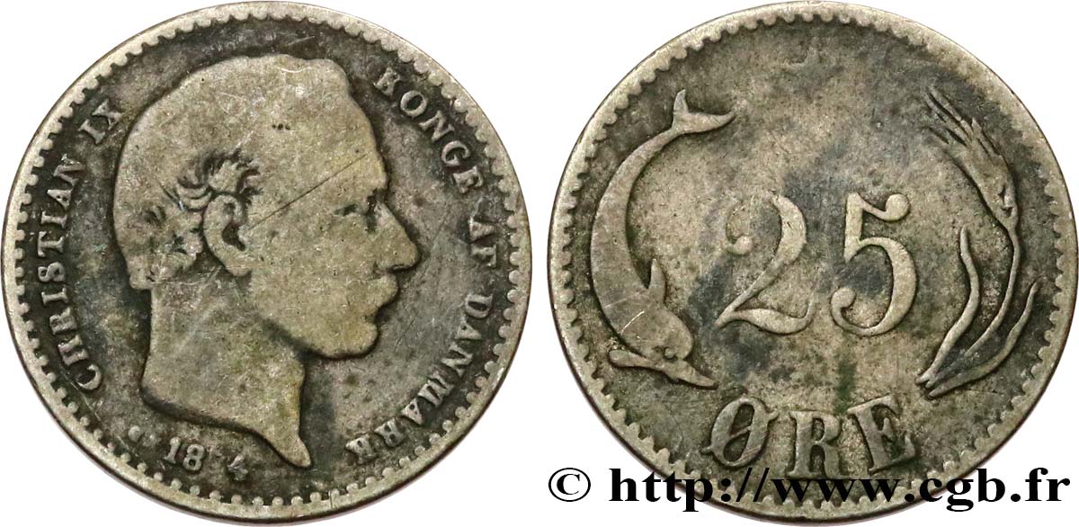DANEMARK - ROYAUME DU DANEMARK - CHRISTIAN IX 25 Ore 1874 Copenhague TB 