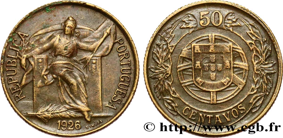 PORTUGAL 50 Centavos 1926  XF 